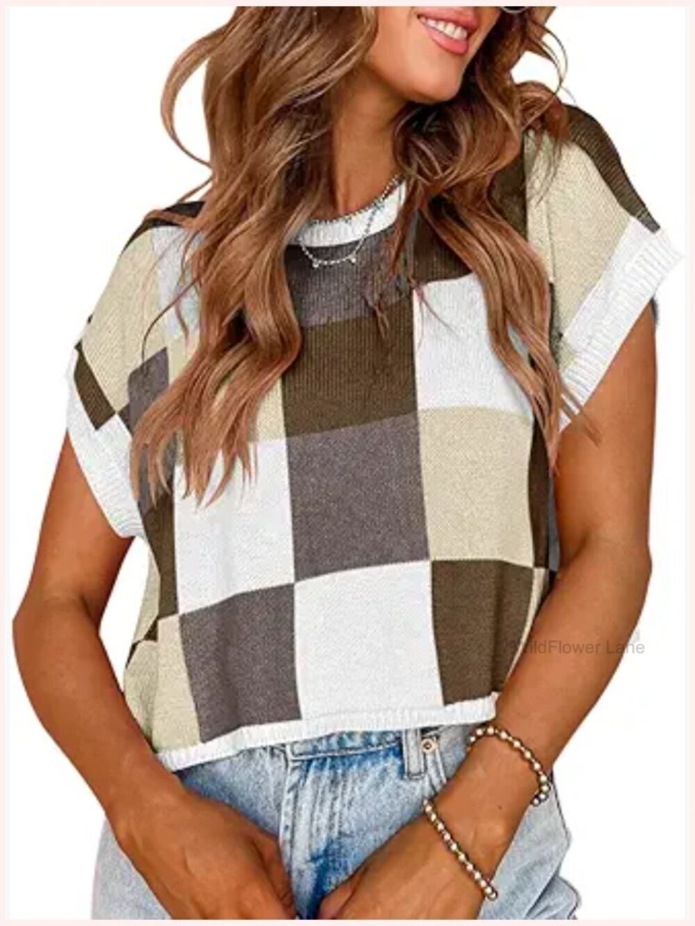 Cap Sleeve Color Block Knit Crop Sweater Trendy Casual